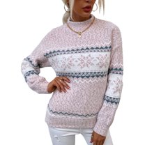 SWSMCLT Women's Long Sleeve Sweater Knit Christmas Pullover Sweaters Cute Chunky Warm Printed Winter Drop Shoulder Pink Large