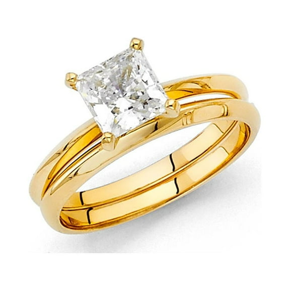 14k Yellow Italian Solid Gold 1.0 ct CZ Princess Cut Wedding Ring Duo Set