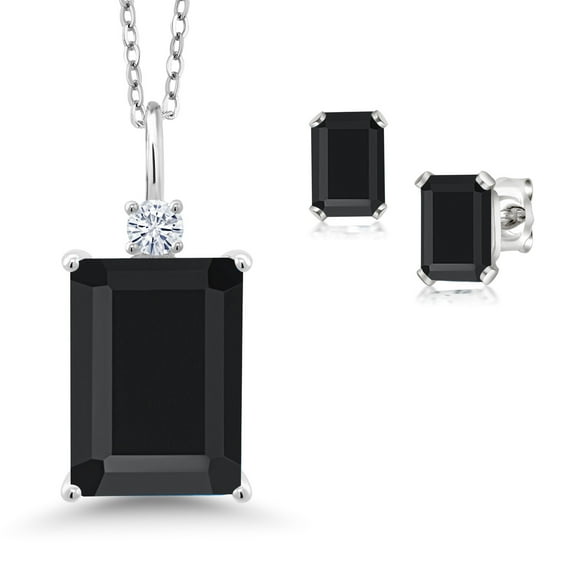 Gem Stone King 7.82 Cttw Black Onyx and White Moissanite Pendant Necklace Earrings Set for Women | 925 Sterling Silver |  Gemstone Birthstone | Emerald Cut 14X10MM and 6X4MM | 18 inch Chain