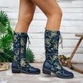 thumbnail image 3 of Rokment Vintage Embossed Mid Calf Combat Boots for Women Ethnic Casual Leather Patchwork Chunky Block Low Heels Lace up Knee High Tall Dress Booties, 3 of 6
