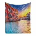 thumbnail image 1 of Italian Soft Flannel Fleece Throw Blanket, European Venice Canal with Historical Buildings Famous Town Scenery, Cozy Plush for Indoor and Outdoor Use, 70" x 90", Blue and Orange, by Ambesonne, 1 of 6
