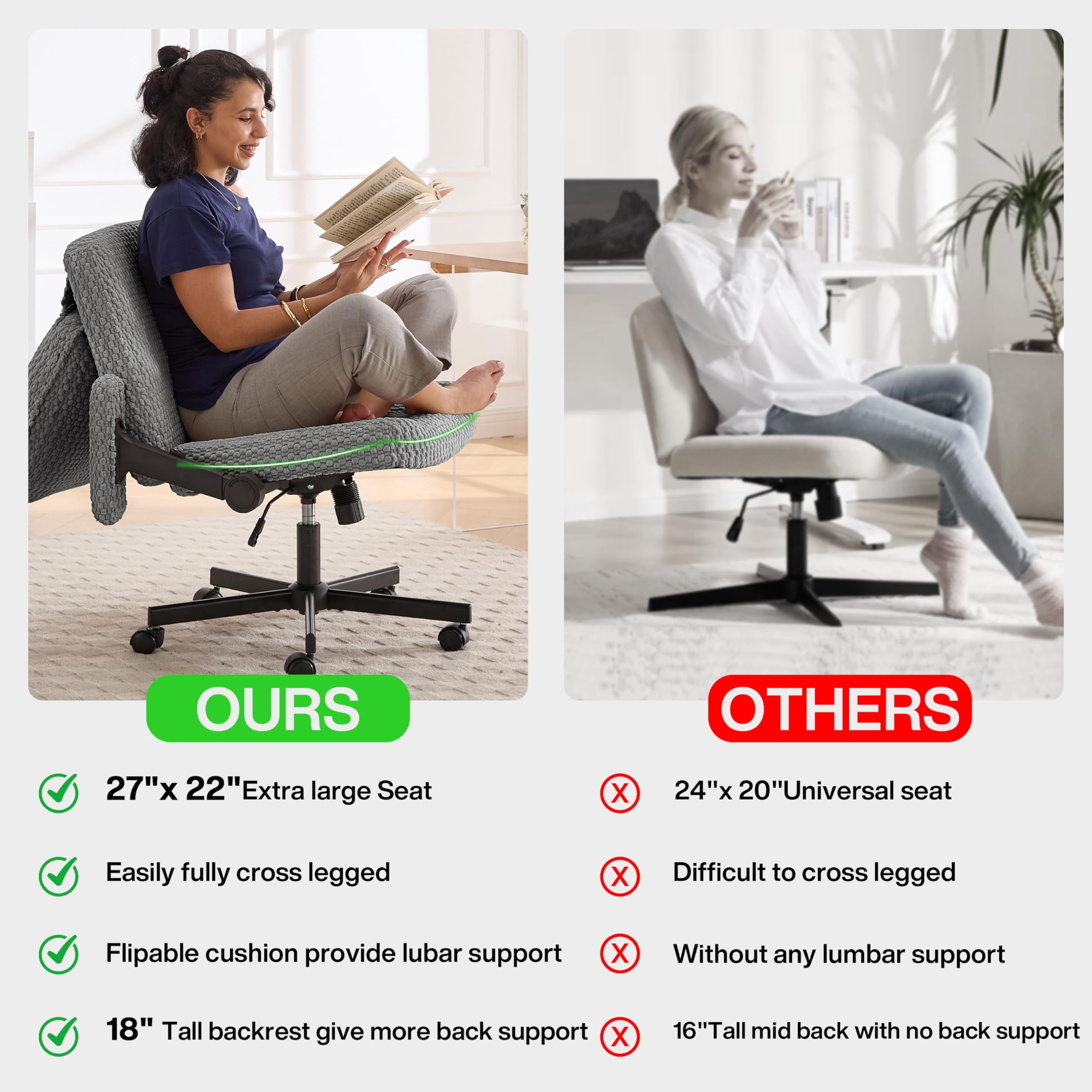 Nexthro Criss Cross Chair,Cross Legged Chair with Wheels and Arms,27" Wide Seat Office Desk Chair with Flipable Back Cushion,Mid Back Beige Swivel Chair for Home Office,Bedroom Vanity(Gray)