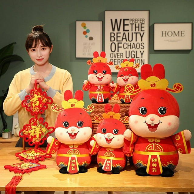 Poupée en Peluche Expression Vive Festive Style Chinois Lucky Bunny Poupée en Peluche Mascotte Collection Cadeau de Noël pour Célébrer