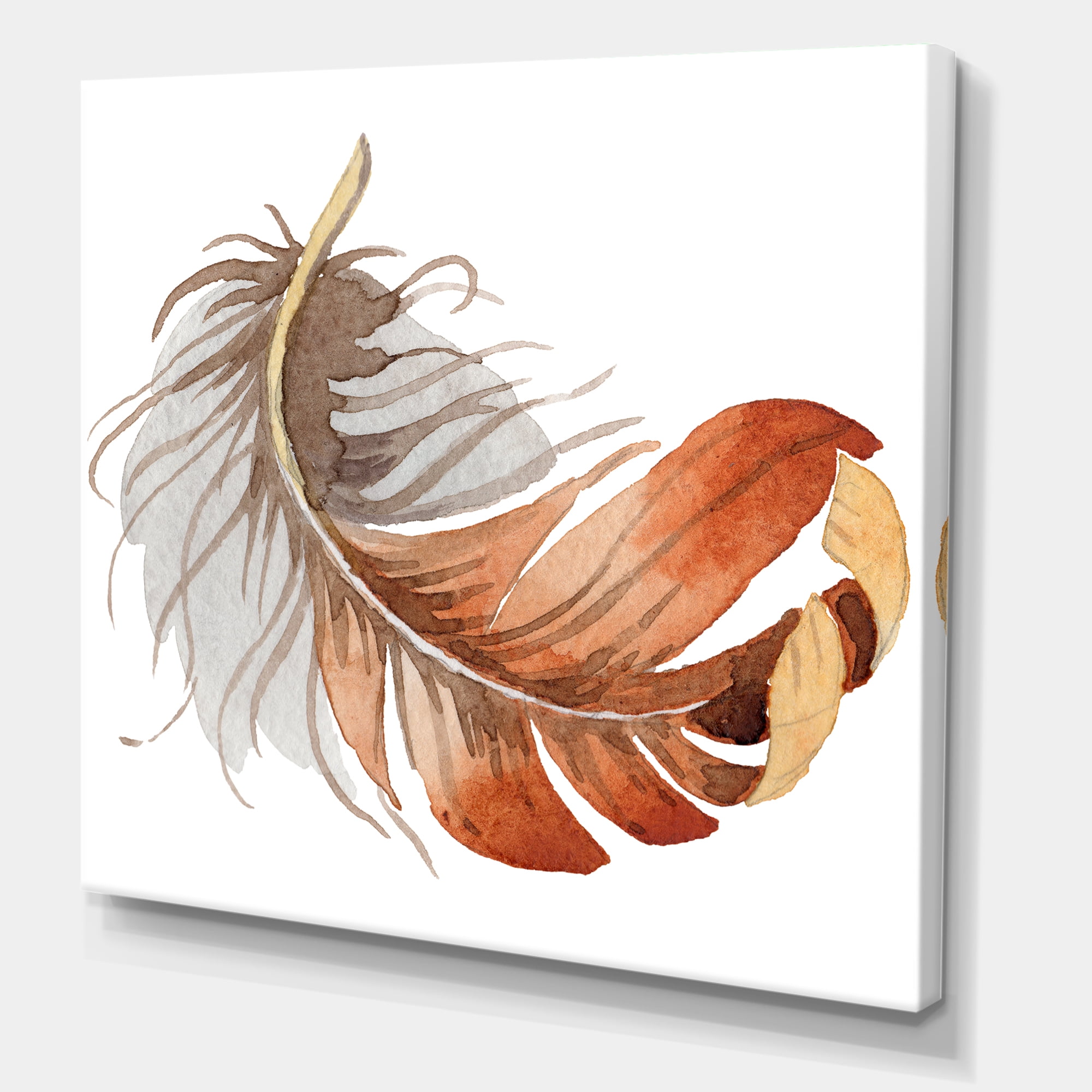 Designart ' Orange Ethnic Bird Feather On White ' Bohemian & Eclectic Canvas Wall Art Print