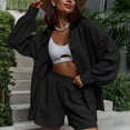 thumbnail image 2 of Hueook Women 2 Piece Outfits Sets Women'S Solid-Color Casual Long-Sleeved Lapel Top Pocket Shorts Set Black 2X, 2 of 8