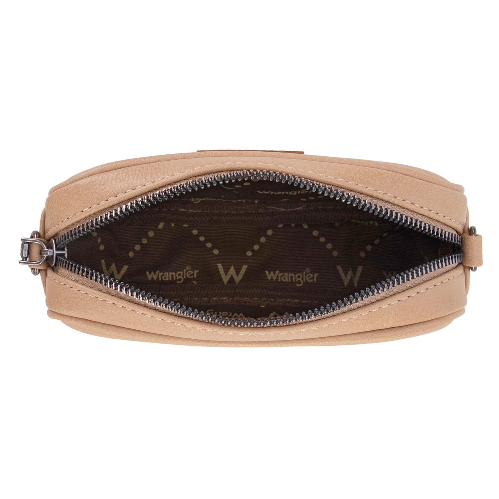 Wrangler Crossbody Bag for Women Aztec Mini Crossover Purse with Guitar Strap, Khaki With Dark Brown