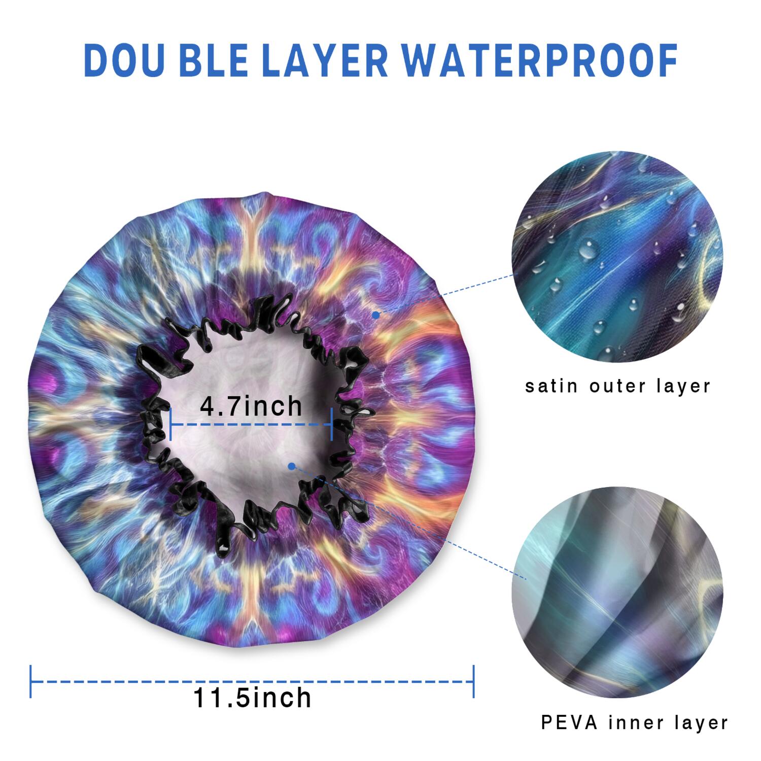 Shower Caps,Colorful Tie Dye Flame Flower Pattern Waterproof Shower Cap for Women 4 Pieces,Double Reusable Hair Cover for Shower PEVA Elastic Stretch Hem