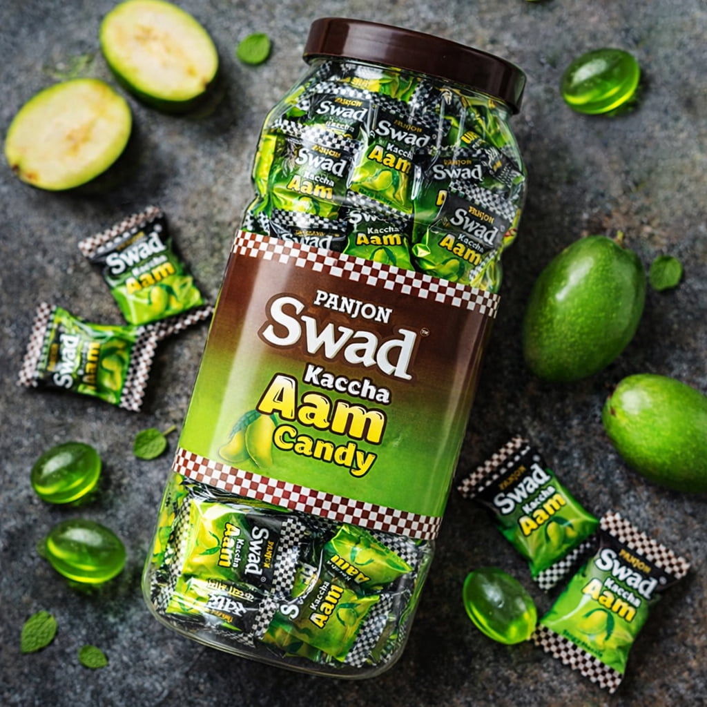 Panjon Swad Kaccha Aam Candy 500g Jar – Raw Mango Flavor Hard Candy | Sweet & Tangy Treat