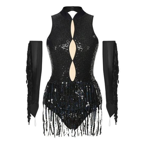 Xnihocha Women's Latin Dance Outfit Glittery Leotard with Metallic Tassel Gloves Tango Dancewear Black M