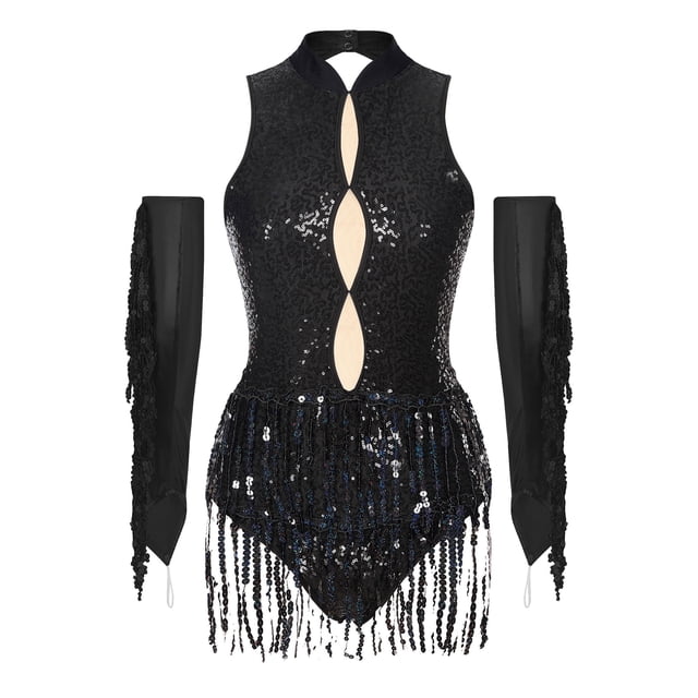 Eandarui Ensemble de Costume de Danse Jazz pour Femmes Justaucorps à Sequins avec Gants Robe de Bal Salsa Rumba de Danse de Salon Noir TG