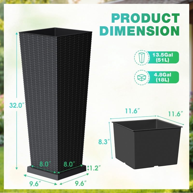 Devoko 32" Tall Planters for Outdoor Plants Set of 2, Woven-Textured Outdoor Plant Pots with Trays for Patio, Front Porch