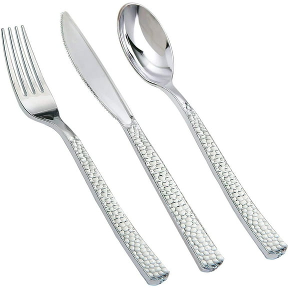 180 pieces Silver Plastic Silverware, Disposable Plastic Silverware Heavy Duty, Silver Disposable Cutlery Sets Include 60 Forks, 60 Knives and 60 Spoons Suitable for Birthday, Party, Wedding
