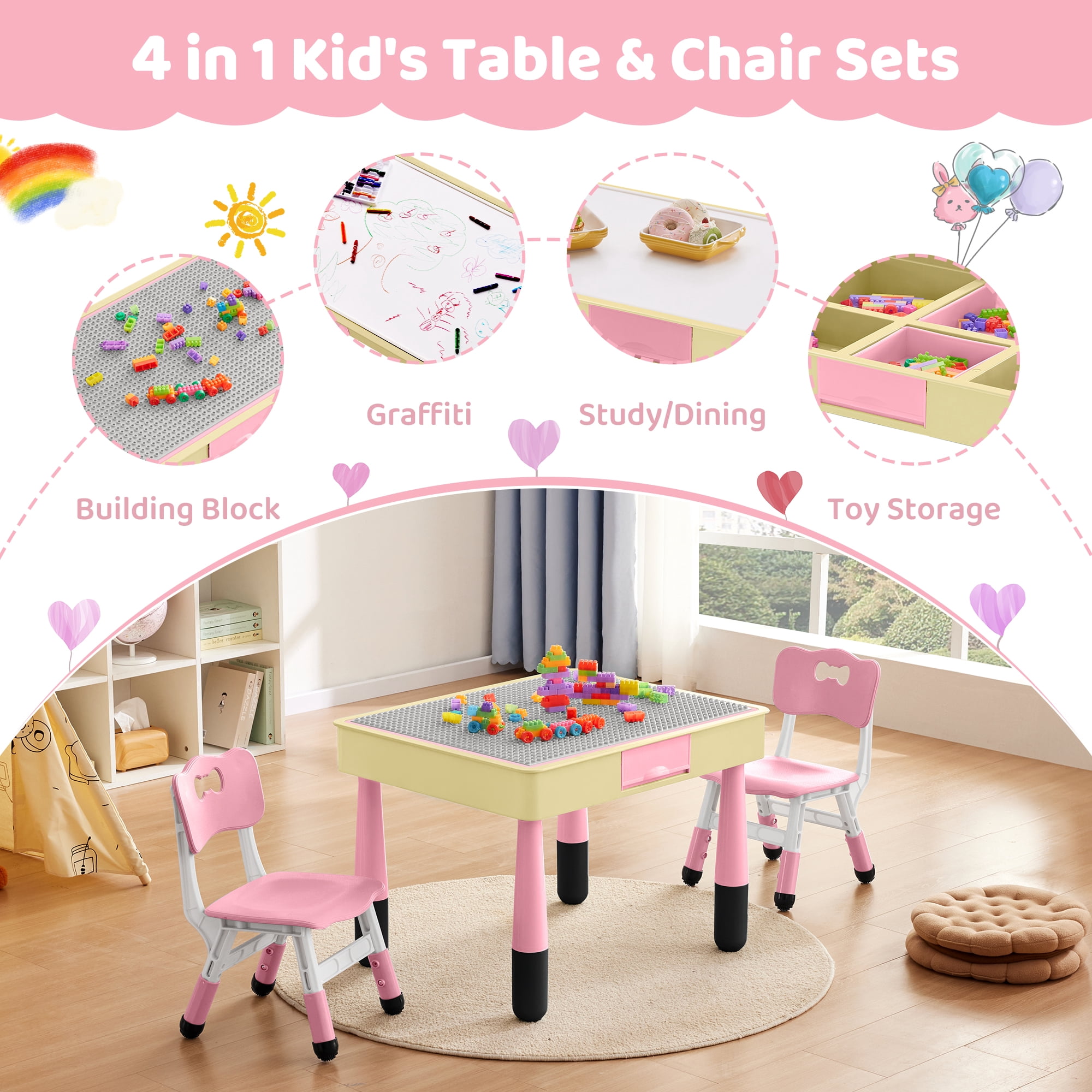 DOREROOM Kids 3-Piece Storage Activity Table and Chair Set, Pink