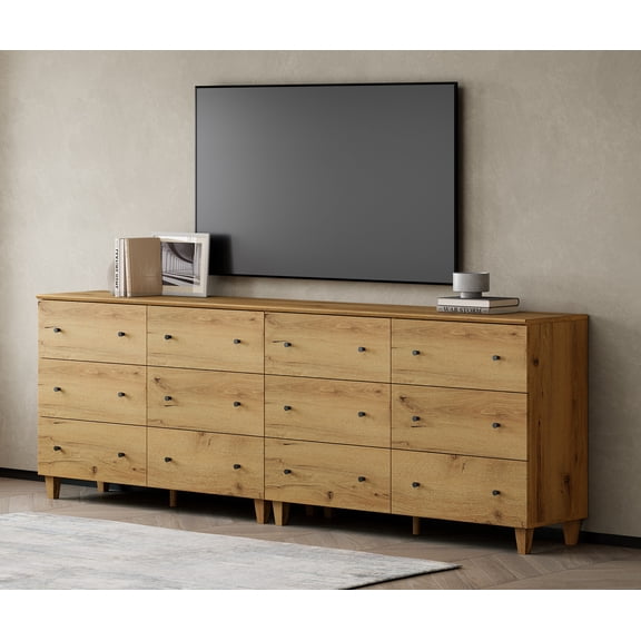 Modern 12-Drawer Double Dresser, Wooden Chest of Drawers with Oak Brown Wood Finish, 95" Wide