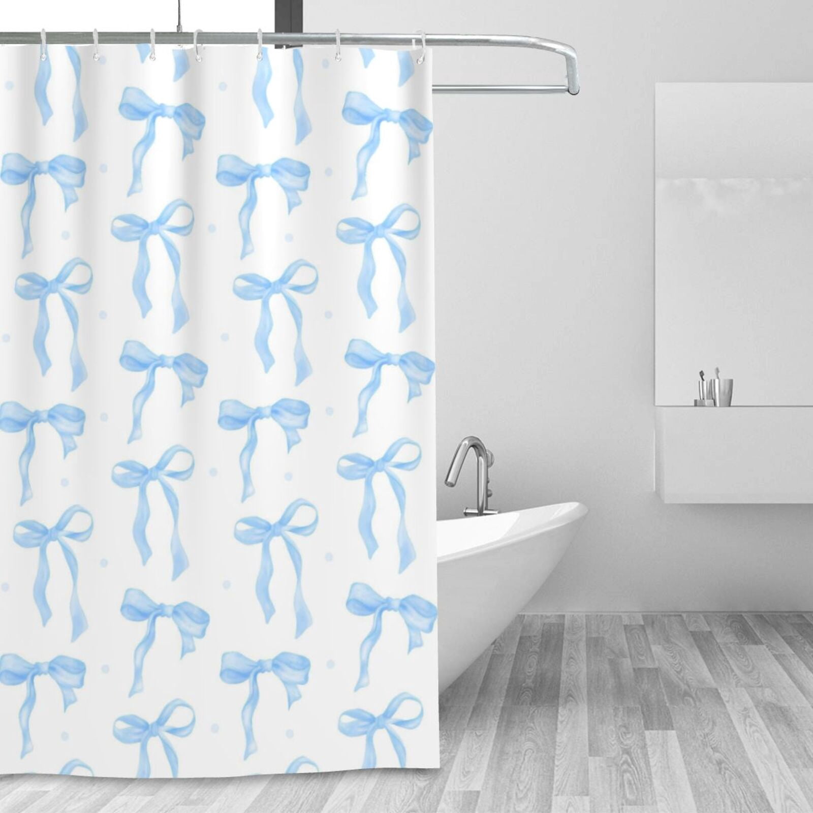 HVEST Blue Bow Shower Curtain with Blue and White Design - Modern Simple Aesthetic Bathroom Decor, Waterproof Polyester Fabric, Includes 12 Hooks, 72x72 Inches