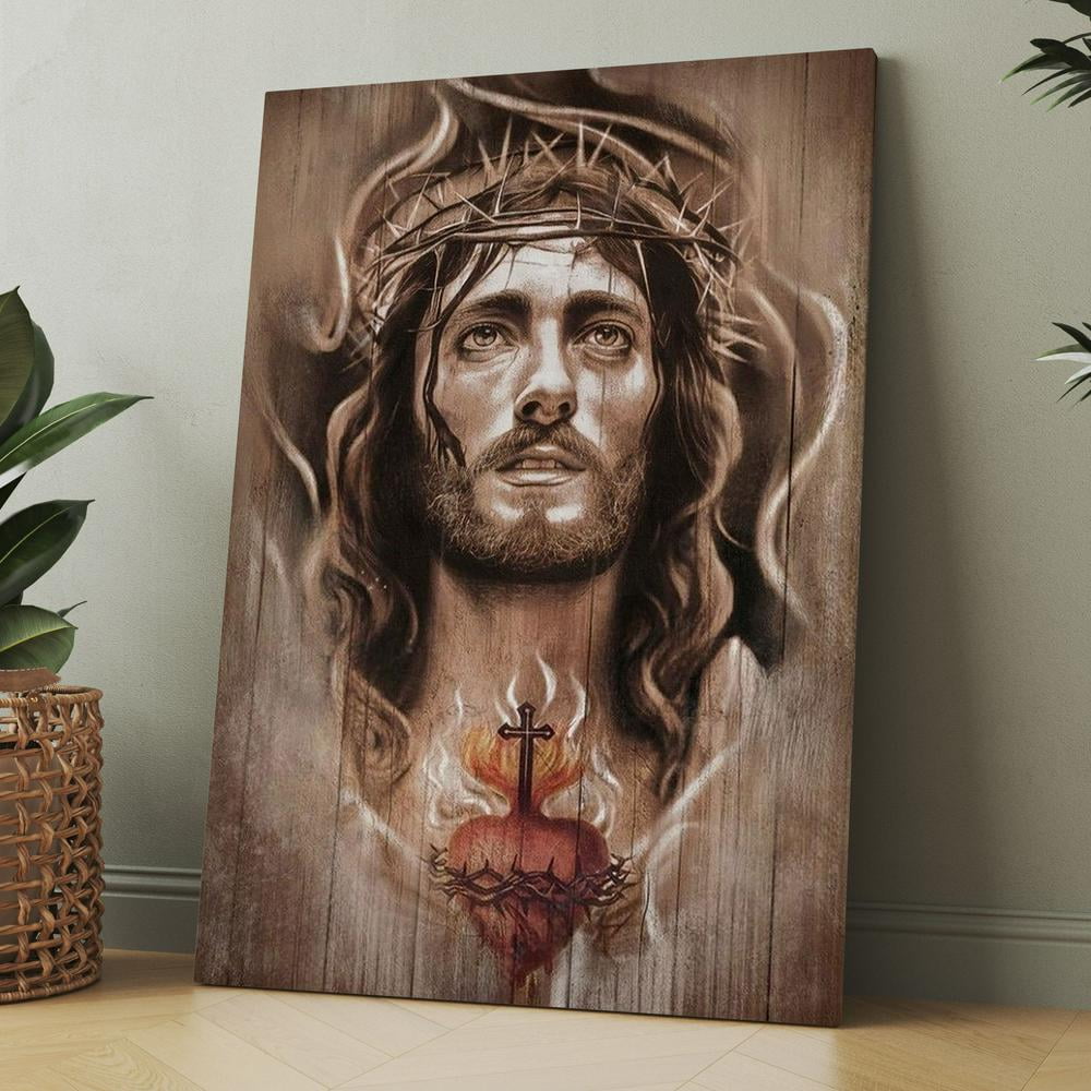 Jesus Crown Of Thorns Heart Cross Framed Canvas Wall Art Christian Wall Decor for Office Living Room Bed Room Inspirational Religious Wall Decor Gift
