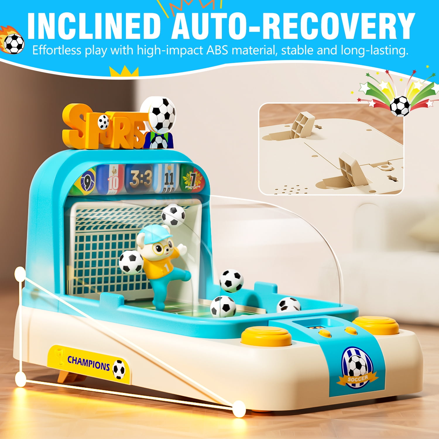 Kids Interactive Soccer Game Machine with Moving Goalkeeper, Lights & Sounds, Tabletop Football Toy for Boys Girls Ages 3+（BLUE)