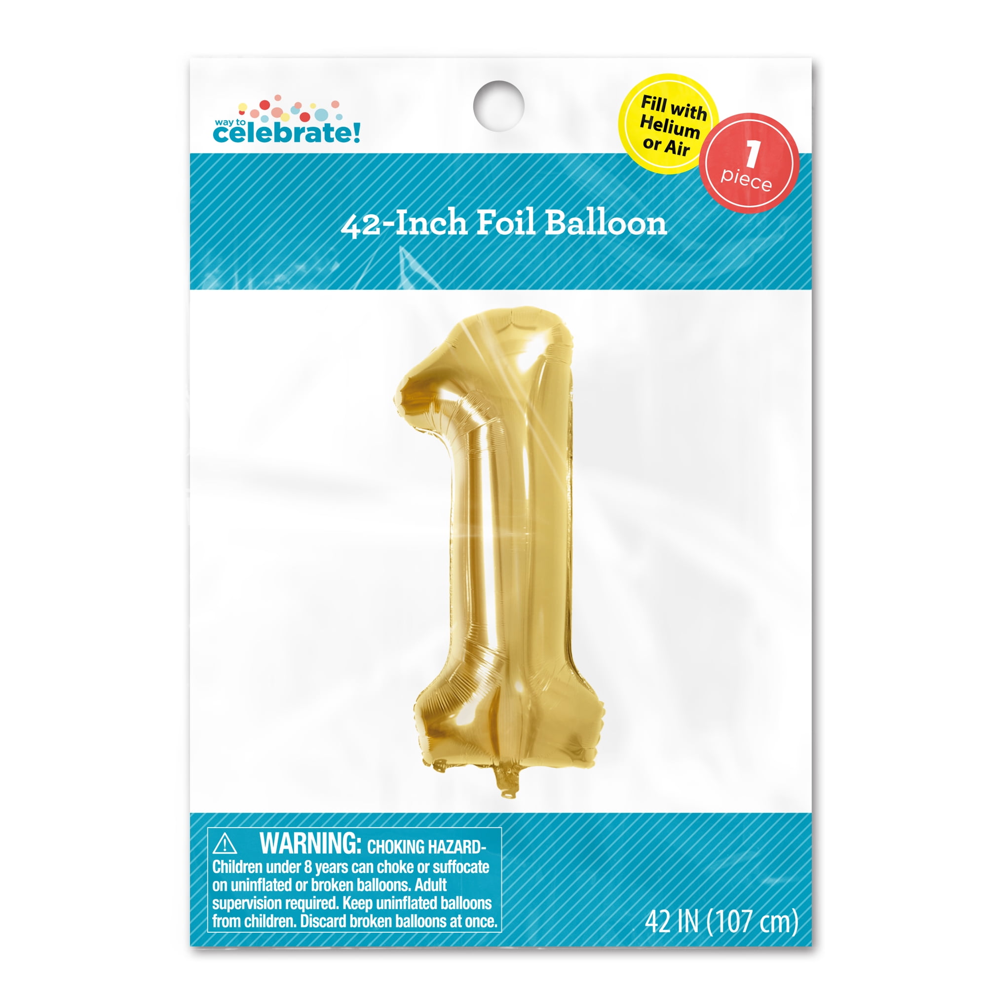 Way to Celebrate! 42" Gold Birthday Party Number Foil Balloon, Number 1 Balloon.