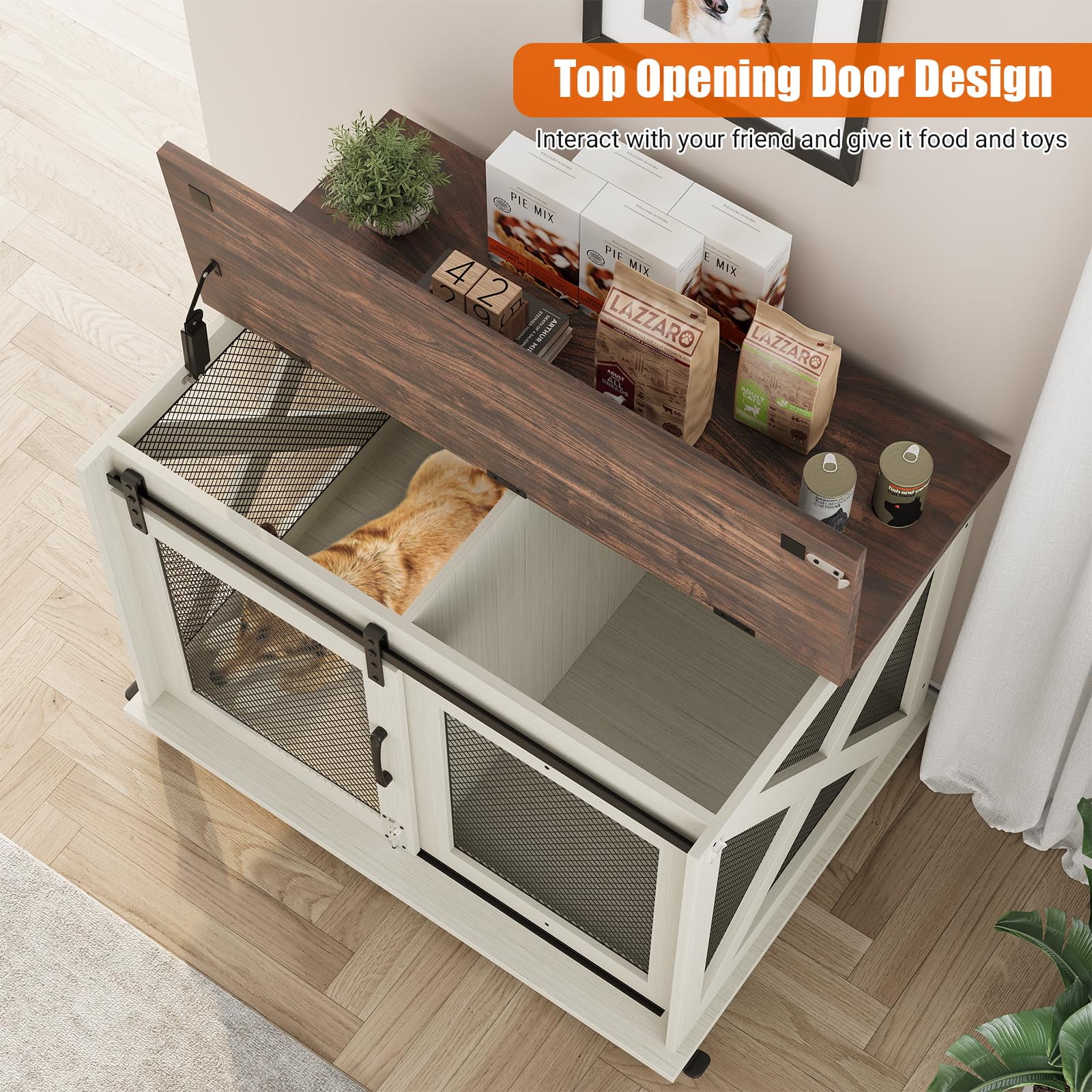 37" Dog Crate Furniture with Sliding Barn Door,Dog Kennel Indoor with Flip Top,Wheels and Removable Divider,Wooden Dog Cage Furniture for Medium Dogs,Large Corner Dog Crate Table Dog Crate End Table