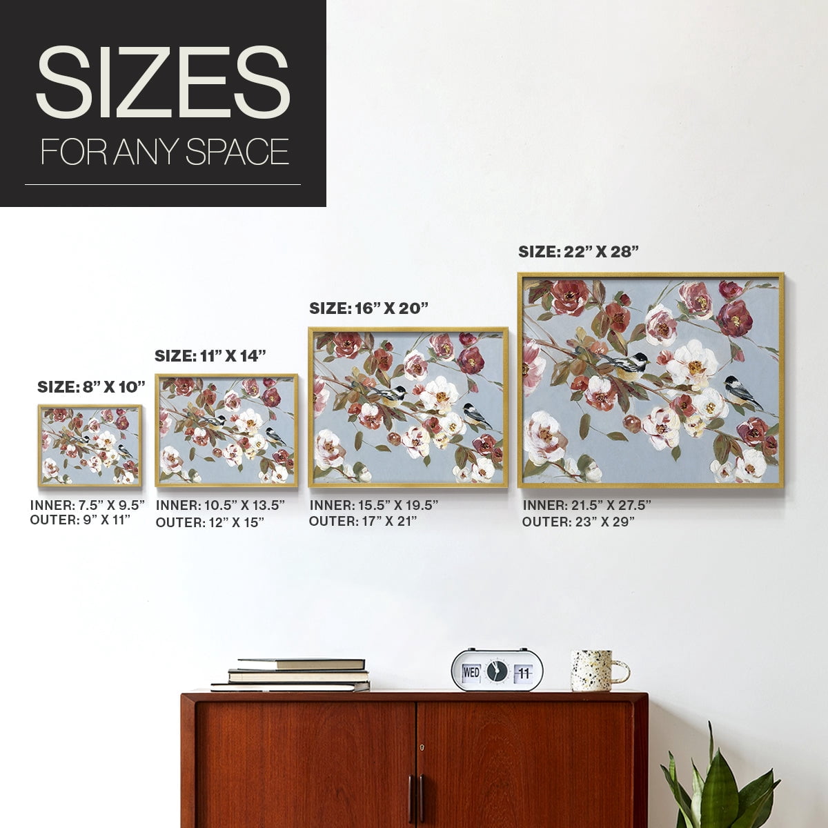 Chickadees and Blossoms II by Sally Swatland - Restickable Framed Giclée Print