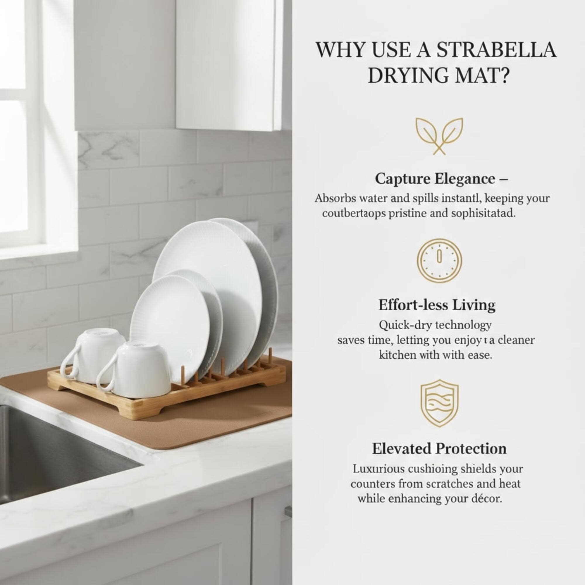STRABELLA: Dish Drying Mat - 16x18", Brown - Super Water Absorbent, Quick Dry Foam, Multi-Purpose, Kitchen Countertops, Non-Slip, Machine Washable