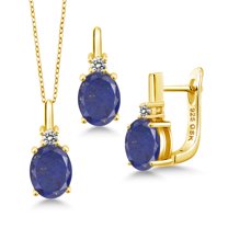 Gem Stone King 6.20 Ct Blue Lapis White Diamond 18K Yellow Gold Plated Silver Pendant and Earrings Jewelry Set