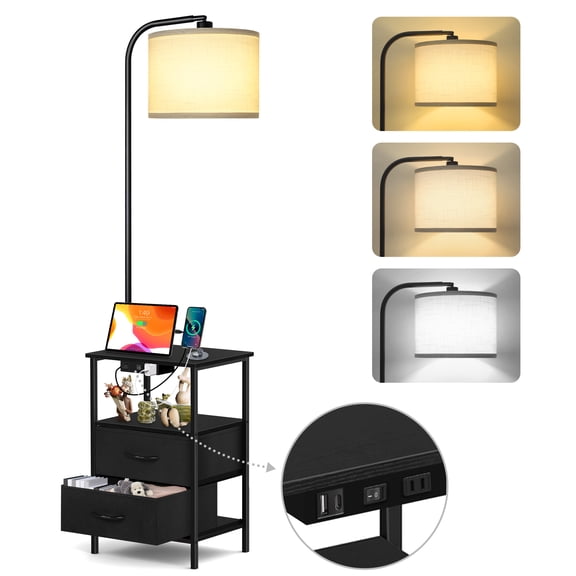 OUTONLIFE Floor Lamp with Table for Living Room, End Table with 2 Drawers for Bedroom, Lamp with USB Port and Outlet, 3 Color Led Bulb Included, Black