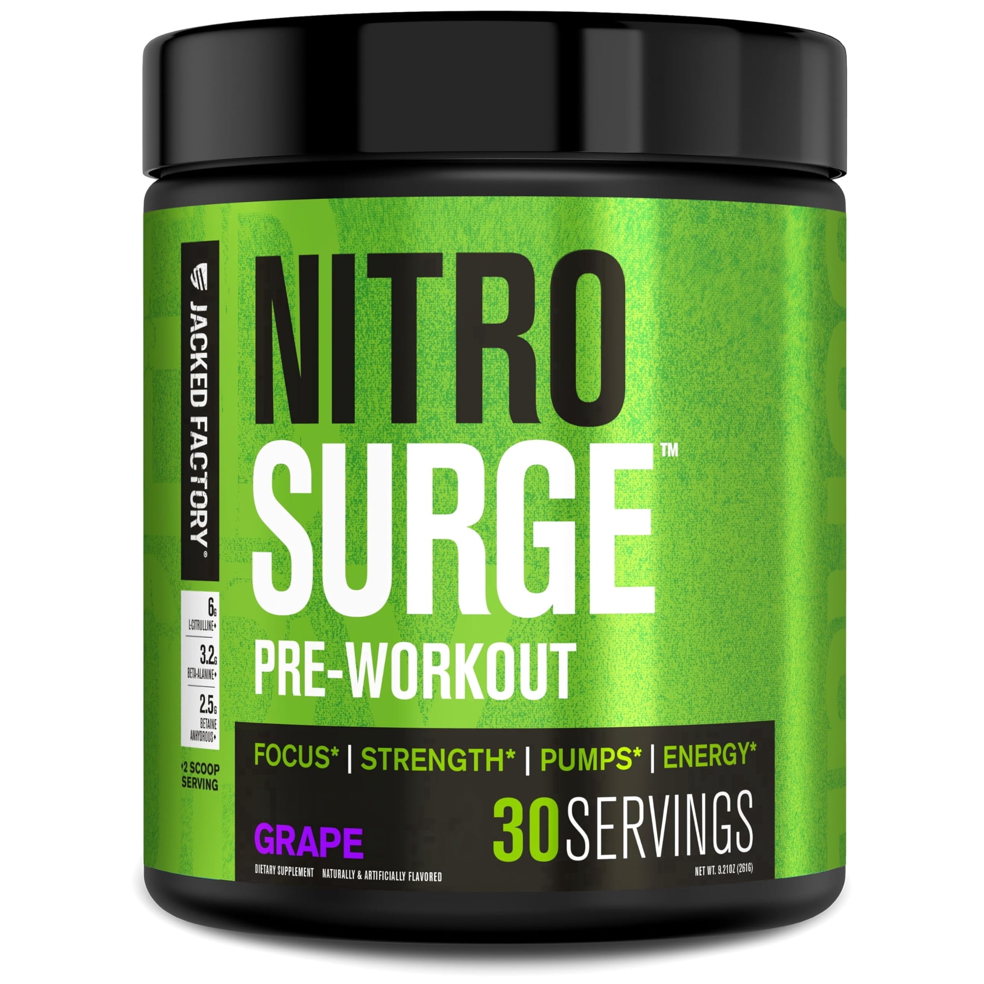 Jacked Factory NITROSURGE Pre Workout Supplement - Endless Energy, Instant Strength Gains, Clear Focus, Intense Pumps - Nitric Oxide Booster & Powerful Preworkout Energy Powder - 30 Servings, Grape