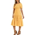 thumbnail image 3 of Vestido de mujer con volantes y fruncidos INSPIRE CHIC, cuello redondo, mangas cortas con elástico, estilo casual A-Line, talla XS, color naranja claro, 3 of 5