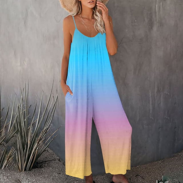 ICHUANYI Clearance Women Fashion Printing Pockets Loose Long Pants Casual Summer Jumpsuit(Sky Blue, XL) ICHUANYI WER2023081505602