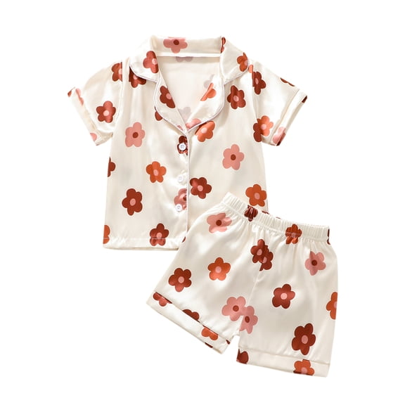 LMLYSoH Kids Girls Summer Clothes Outfits Flower Print Turn-Down Collar Short Sleeve Tops and Elastic Waist Shorts 2Pcs Suit