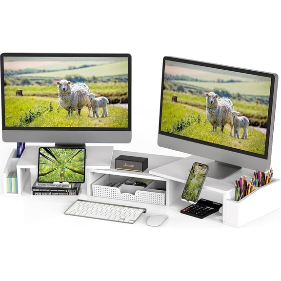 Desk Dual Monitor Stand Riser with Drawer, White