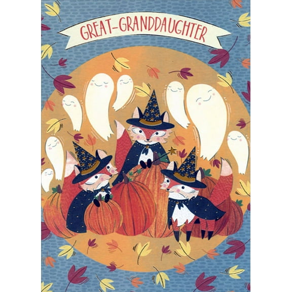 Designer Greetings Smiling Ghosts, Fox Witches and Pumpkins Halloween Card for Great-Granddaughter