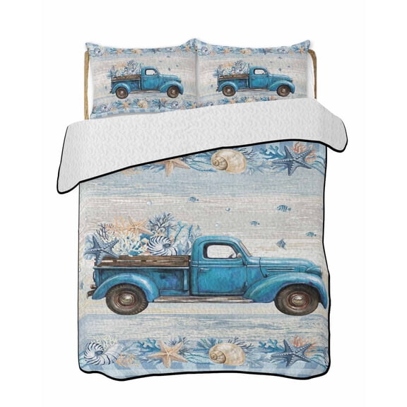Full Size Quilt Bedding Set, Blue Truck Coastal Reversible Summer Quilt 3 Pieces, Summer Beach Coral Starfish Shell Vintage Lightweight Bedspreads Coverlets with 2 Pillow Shams for All Seasons