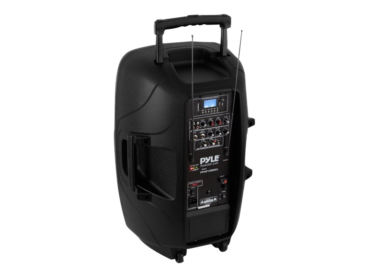 Pyle PPHP1599WU - Portable Hi-Power PA Loudspeaker - Active Powered Speaker System with Built-in , Includes (2) UHF Micros, FM Radio (15'' -inch Subwoofer, 1600 Watt)