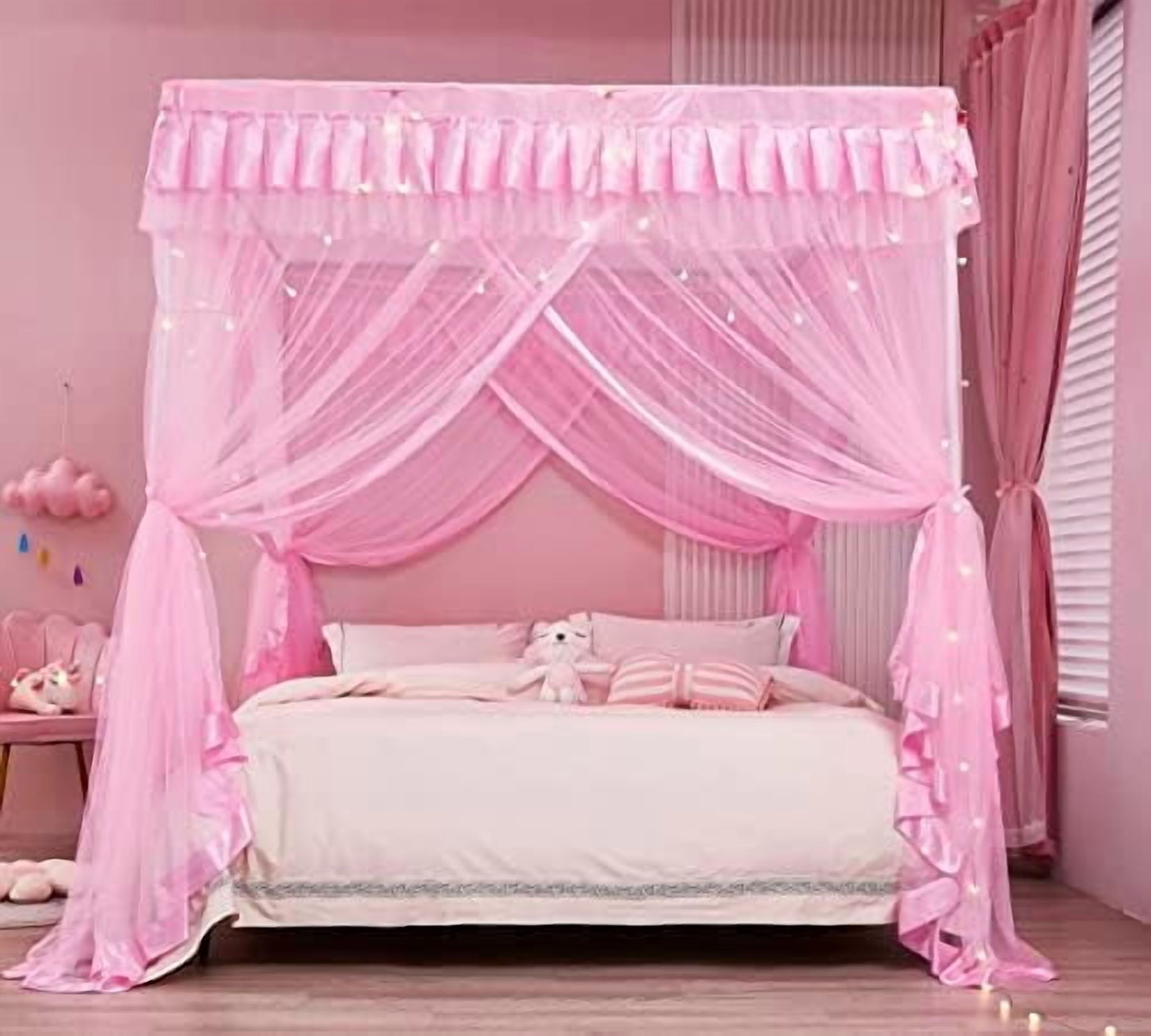 4 Corners Post Canopy Bed Curtains for Girls Full Size - Royal Luxurious Cozy Drape Canopy Bed Frames Netting for Kids Adults- Cute Princess Bedroom Decoration (Pink)