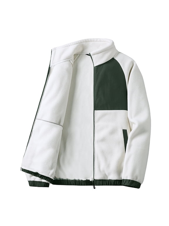 Men's Fashion Color Block Fleece Bomber Jacket Fuzzy Warm Winter Baseball Jackets Big and Tall Teddy Fleece Coats