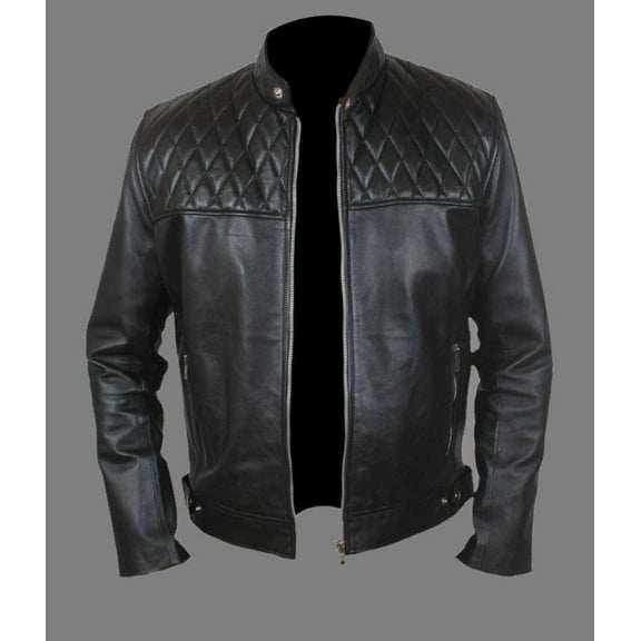Noora New Men's Black Lambskin Leather Quilted Biker Jacket With Zipper Designer Slim Fit Quilted Jacket SU022