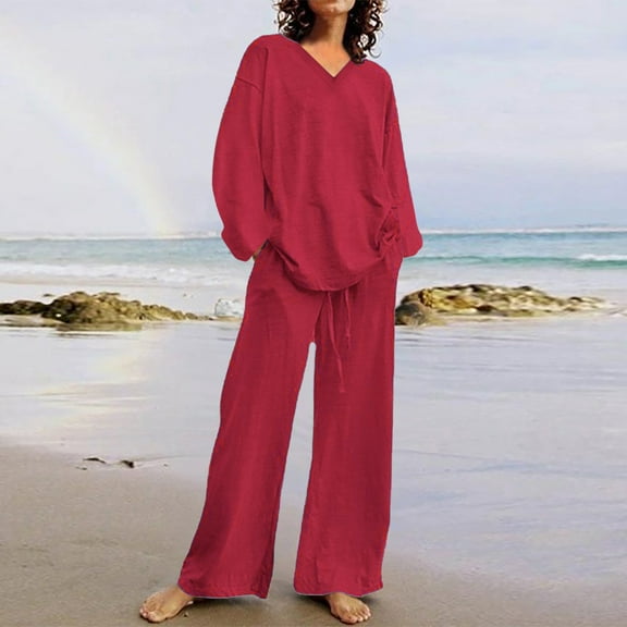 Yourumao Pants Suit for Women 2 Pieces 2023 Cotton Linen Plus Size Suits Long Sleeve V Neck Tops Solid High Waisted Drawstring Palazzo Pants Sets with Pockets