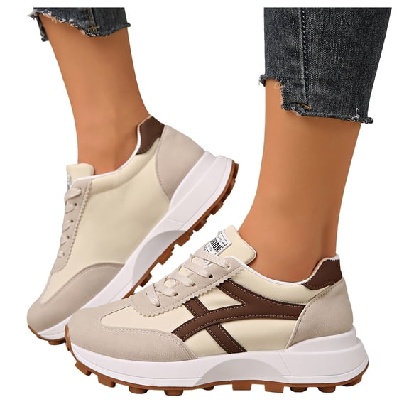 Women's Platform Slip On Sneakers Fashion Suede Patchwork Casual Tennis Shoes Comfortable Non Slip Running Shoe Beige Size 8.5