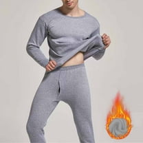 Men's 2PC Velvet Fleece Thermal Base Layer Suit Long Sleeve Crewneck Pullover Shirt Elastic Waist Leggings Sleepwear Set Gray L