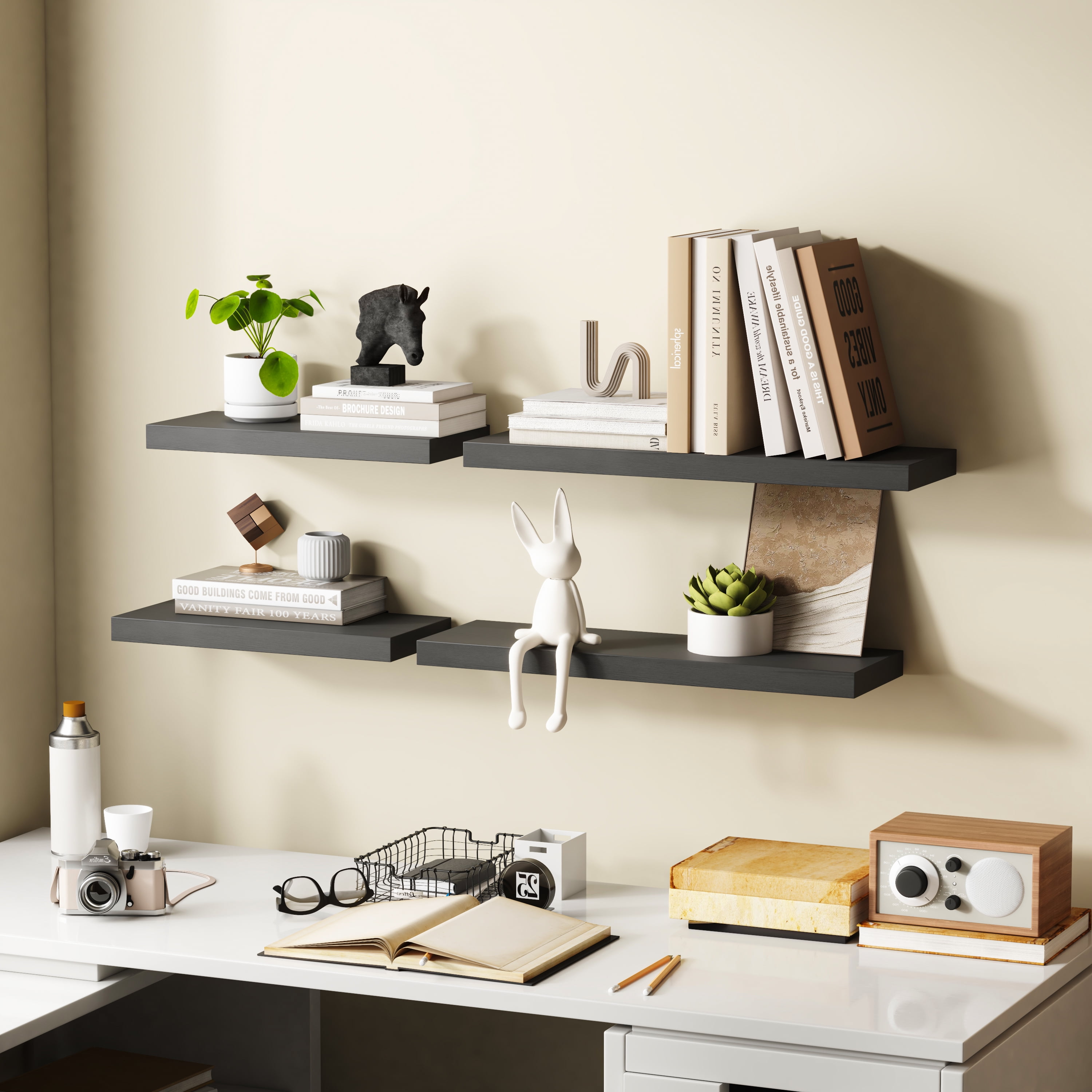 16.5 in Solid Wood Floating Shelves Wall Mounted Shelves, Black Color, Set of 2
