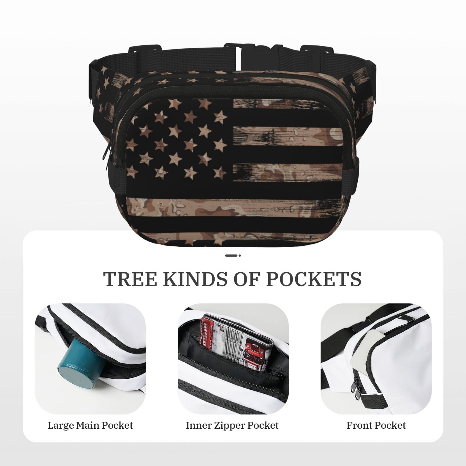 Hirioo American Flag with Desert Camouflage for Double Layer Waist Bag Adjustable Fanny Pack For Travel Running Hiking