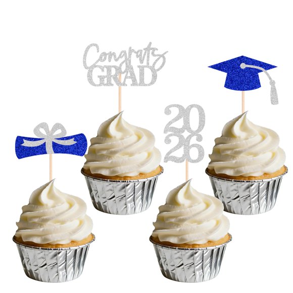 Decoraciones para Cupcakes de Graduación SakFestivo 36 Piezas Plata y Azul