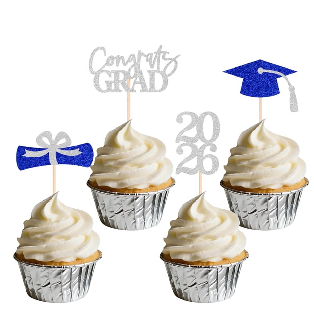 Decoraciones para Cupcakes de Graduación SakFestivo 36 Piezas Plata y Azul