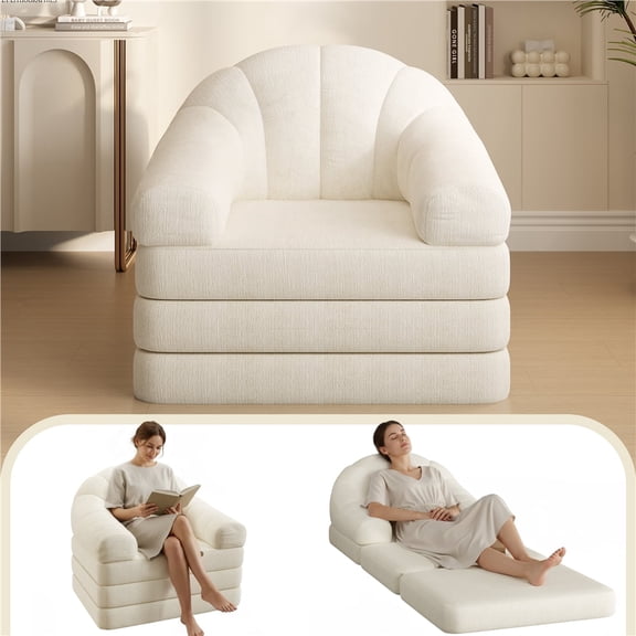 Yaheetech 2-in-1 Convertible Sofa Bed Folding Sleeper Chair Bed Chenille Sofa with Armrests Bean Bag Chair for Living Room, Beige