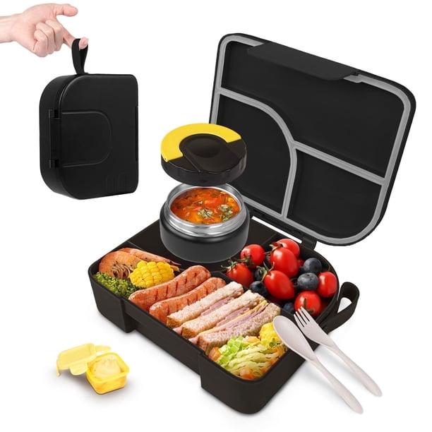 Primlect Bento Caja, Juego de 3 Compartimentos para Almuerzo Infantil, con Frasco de Comida Aislado a Prueba de Fugas, Negro