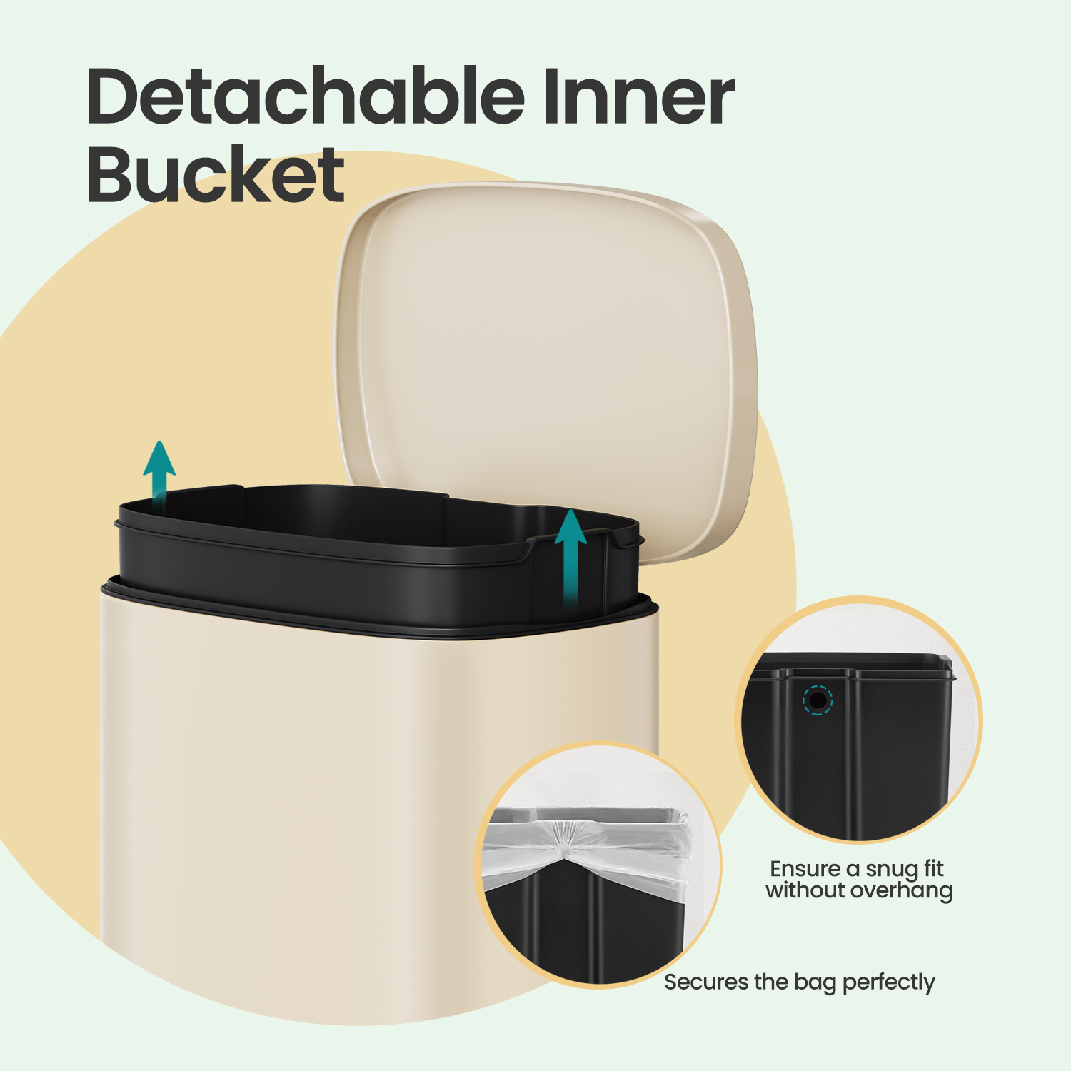 LEDREM Stainless Steel 13 Gallon Step Trash Can , Soft-Close Lid with Odor Seal & Inner Bucket , Kitchen Recycling Bin ,Sand Beige