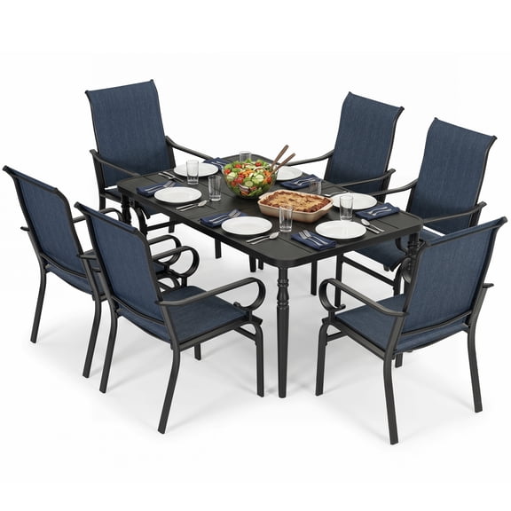 Nuu Garden 7-Piece Outdoor Dining Set, Patio Table and Chair Set, All-Weather Metal Outdoor Dining Table and Textilene Chairs, Patio Furniture Set with Umbrella Hole, Slatted Tabletop, Blue and Black