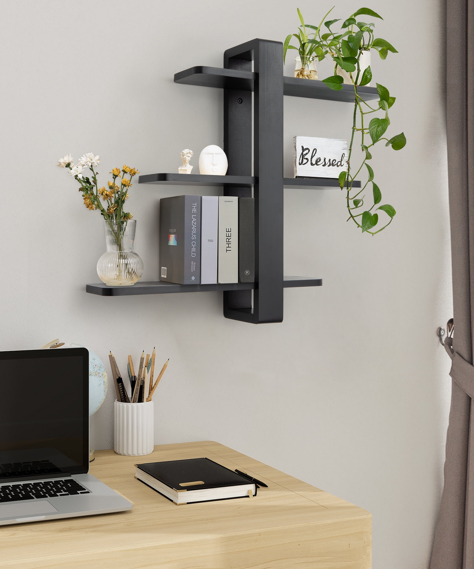 Gronda Black Floating Shelves for Wall Mounted, 3 Tier Pine Wood Shelf for Living Room Bathroom Bedroom Home Decoration Storage, Modern 20in